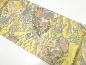 未使用品　未使用品　金糸　地紙に孔雀・鳳凰・草花模様織り出し　袋帯